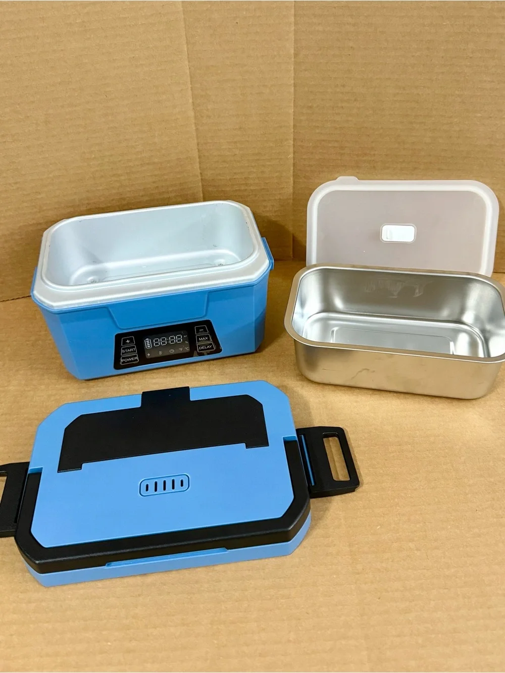 Portable Blue Travel Heated Lunch Box with Digital Control and Gray Carry Bag